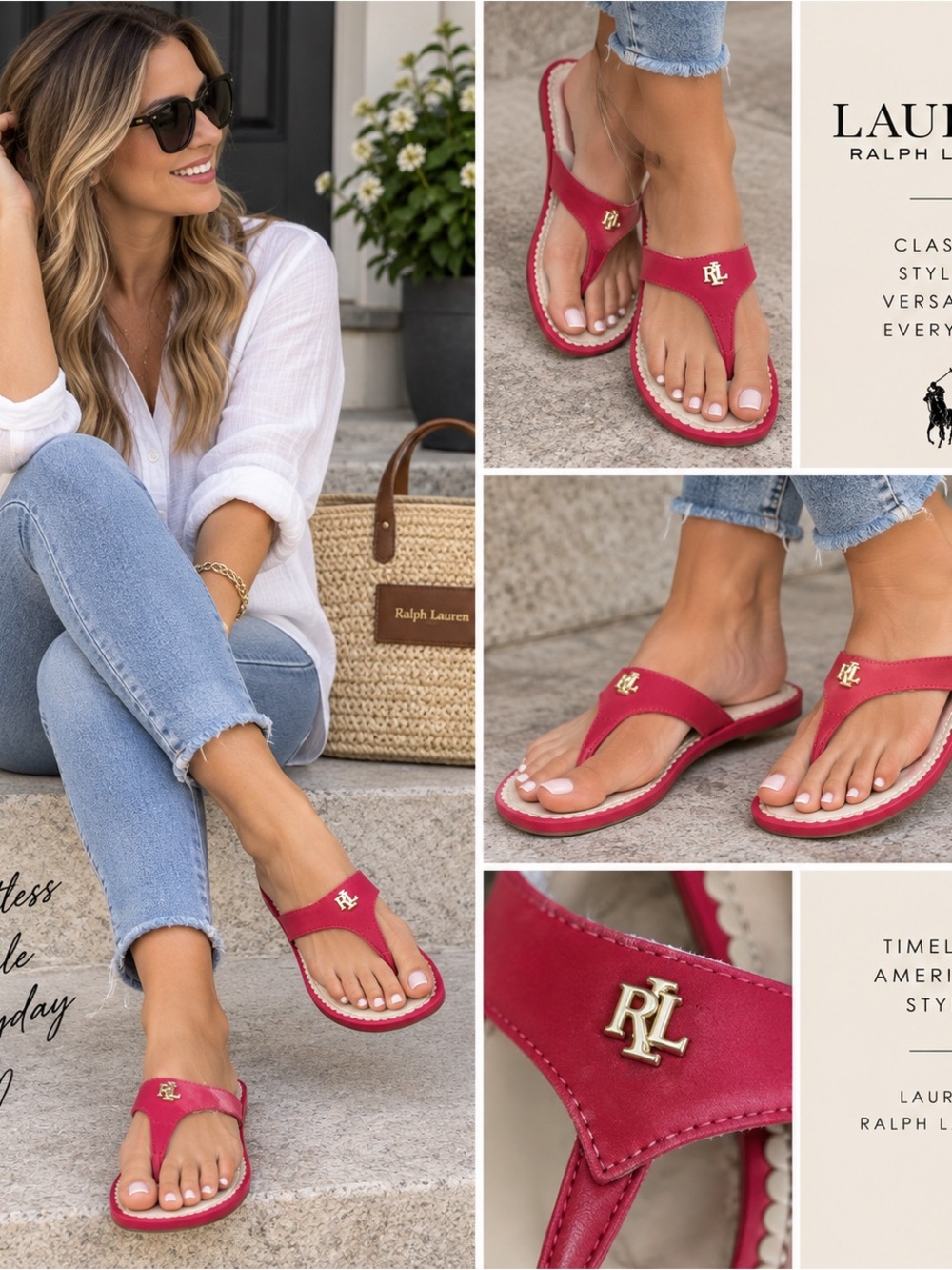 Lauren Ralph Lauren Women’s Size 10 Red Pink Thong Sandals Gold RL Logo Flats